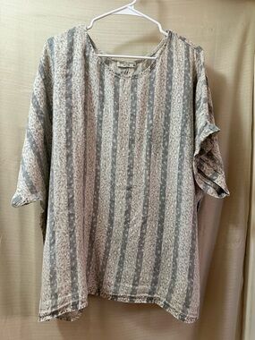 Terzo Millennio Italy Linen 2X Oversized Boho Stripe Lagenlook Top Leopard Print